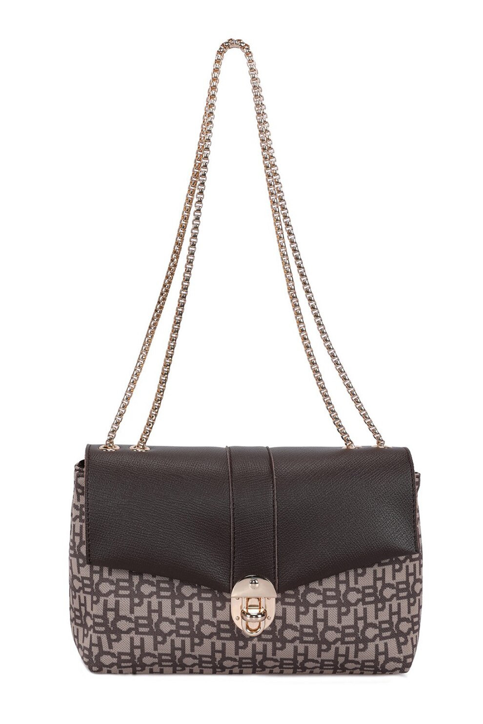 Beverly Hills Polo Club, Geanta de umar cu logo si bareta din lant, Maro deschis/Auriu