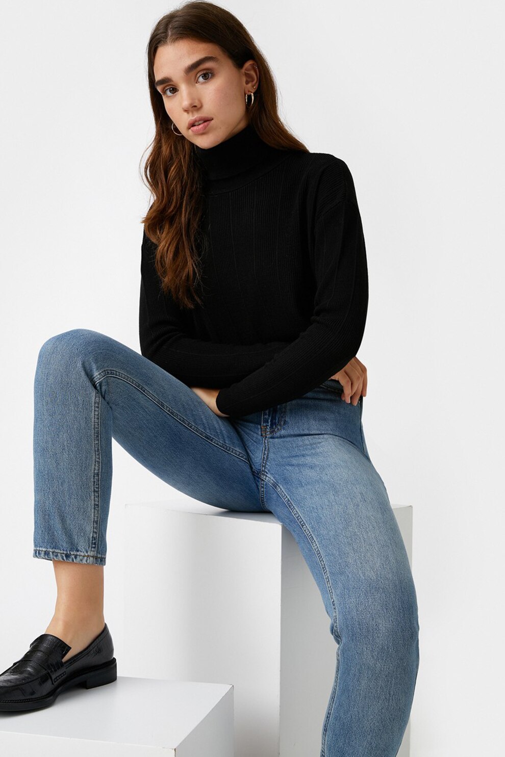 KOTON, Pulover cu guler inalt si model uni, Negru