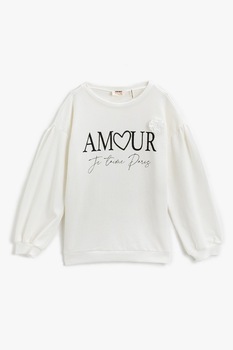 KOTON, Bluza sport cu maneci bufante si imprimeu text, Alb prafuit/Negru KOTON, Bluza sport cu maneci bufante si imprimeu text, Alb prafuit/Negru