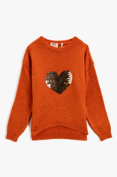 KOTON, Pulover cu maneci cazute si paiete, Oranj/maro bronz KOTON, Pulover cu maneci cazute si paiete, Oranj/maro bronz