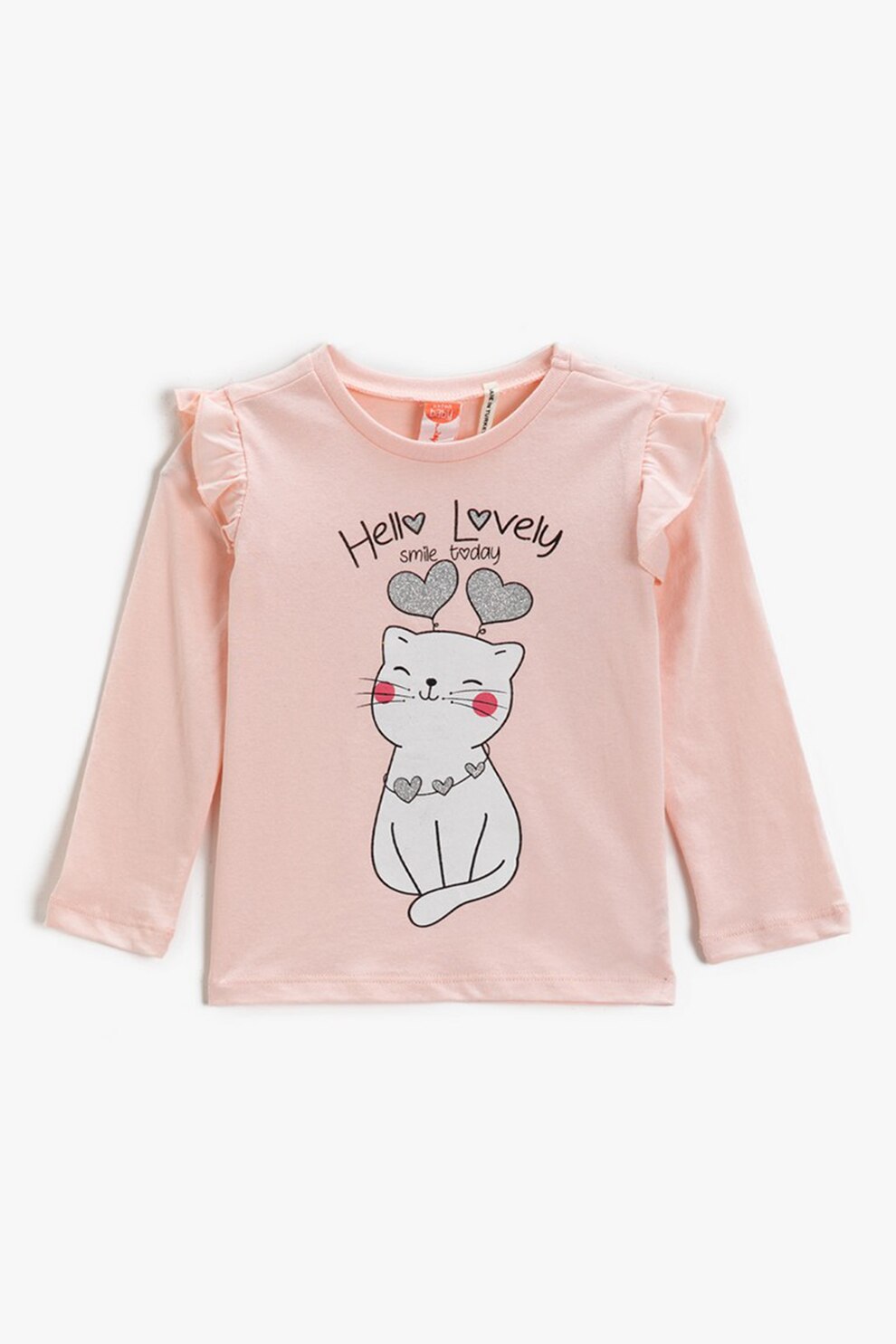 KOTON, Bluza cu decolteu la baza gatului si imprimeu, Roz piersica/Alb