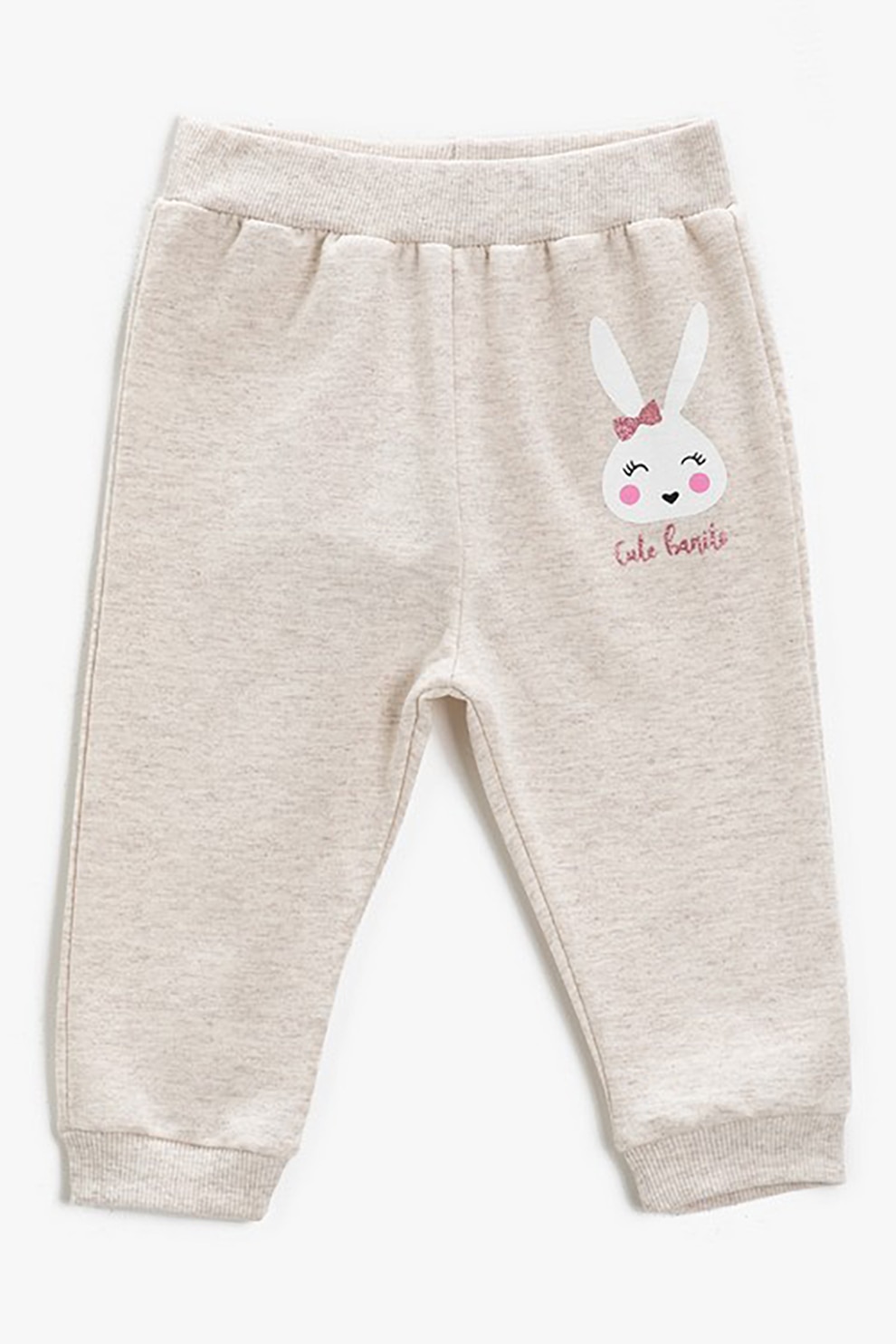 KOTON, Pantaloni sport cu talie medie si imprimeu cu iepuras, Gri deschis