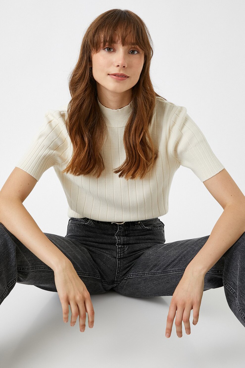 KOTON, Pulover cu striatii si guler scurt, Crem