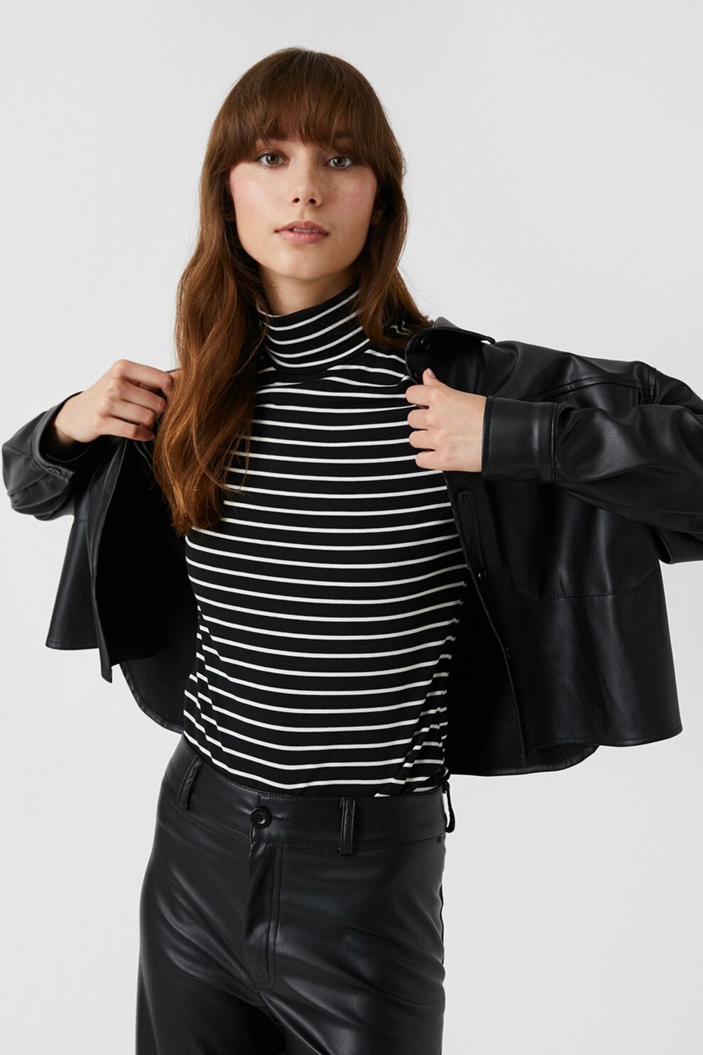 KOTON, Bluza cu dungi si guler inalt, Negru/Alb