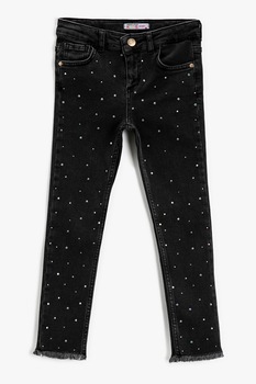 KOTON, Blugi skinny decorati cu strasuri, Negru/Argintiu, 146-152 CM KOTON, Blugi skinny decorati cu strasuri, Negru/Argintiu, 146-152 CM
