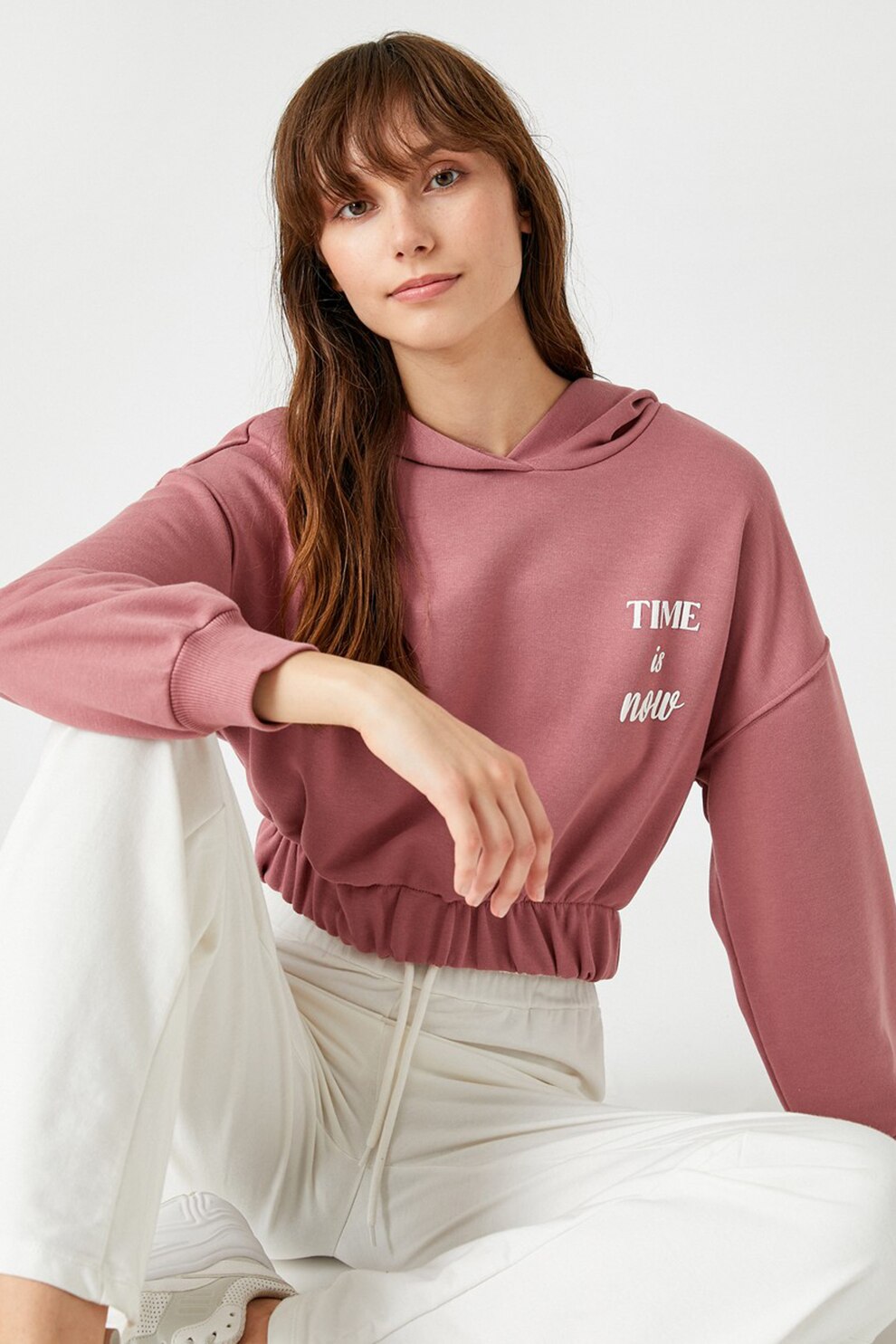 KOTON, Hanorac crop cu imprimeu text, Roz prafuit