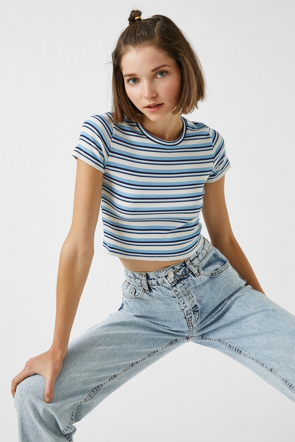 KOTON, Tricou crop cu model in dungi, Albastru/Alb