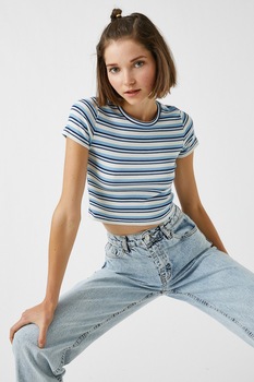KOTON, Tricou crop cu model in dungi, Albastru/Alb KOTON, Tricou crop cu model in dungi, Albastru/Alb