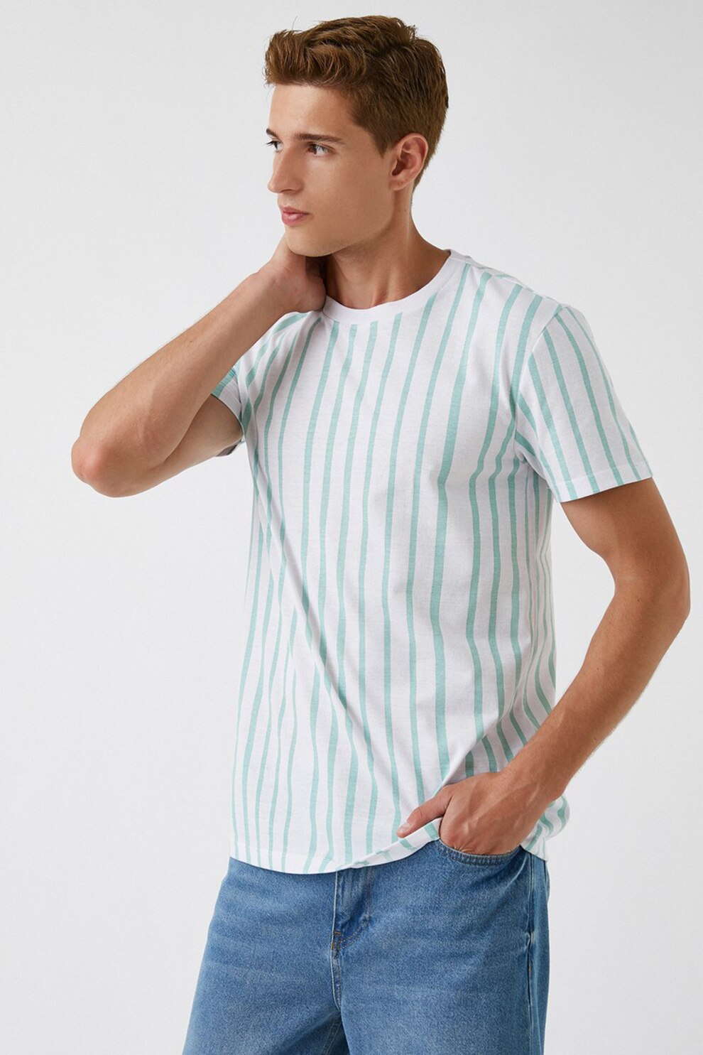 KOTON, Tricou cu decolteu la baza gatului si model in dungi, Alb/Verde menta