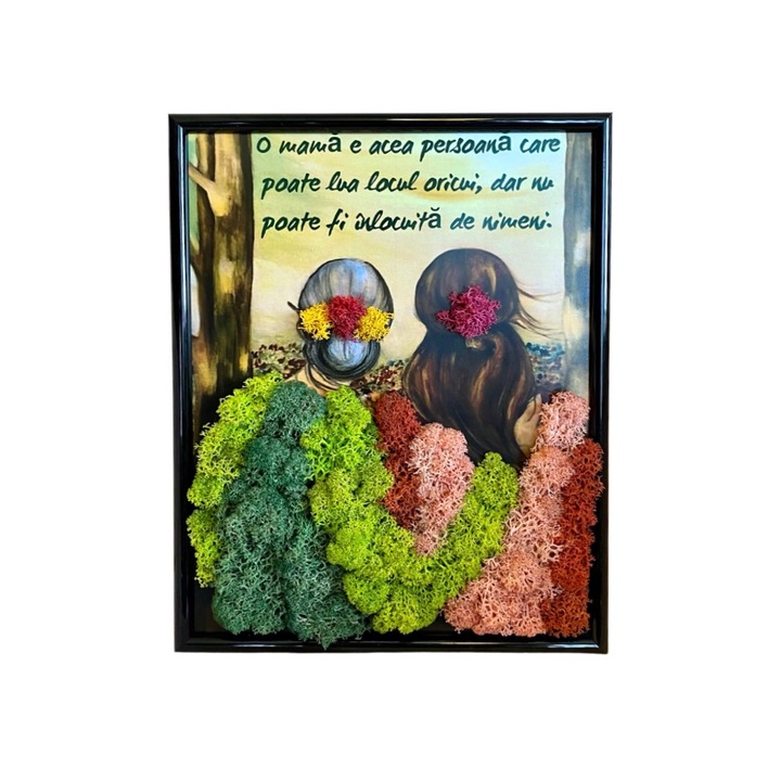 Tablou cu licheni stabilizati, dimensiune 20x25, model mama-fiica, cu mesaj pentru mama