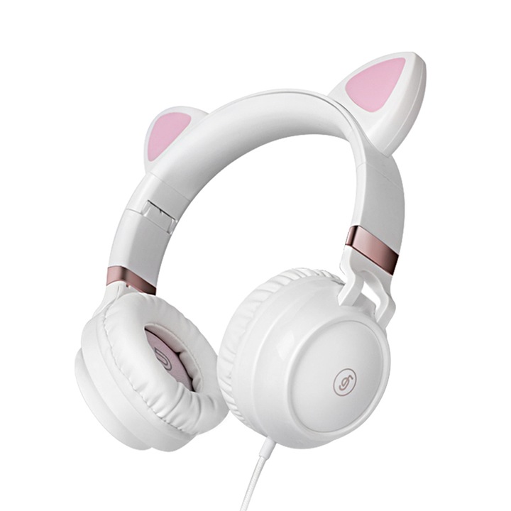 Сгъваеми кабелни слушалки, котешки уши, Bluetooth 5.0, EP28, свободни ръце, бели