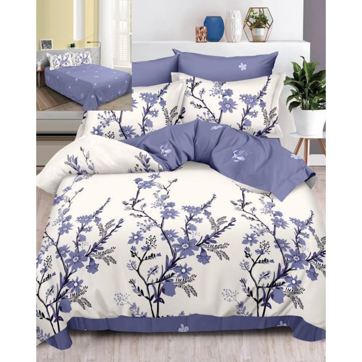 Set Lenjerie de Pat din Finet, 6 Piese, Pat 2 Persoane, Blue Flowers, FN-520