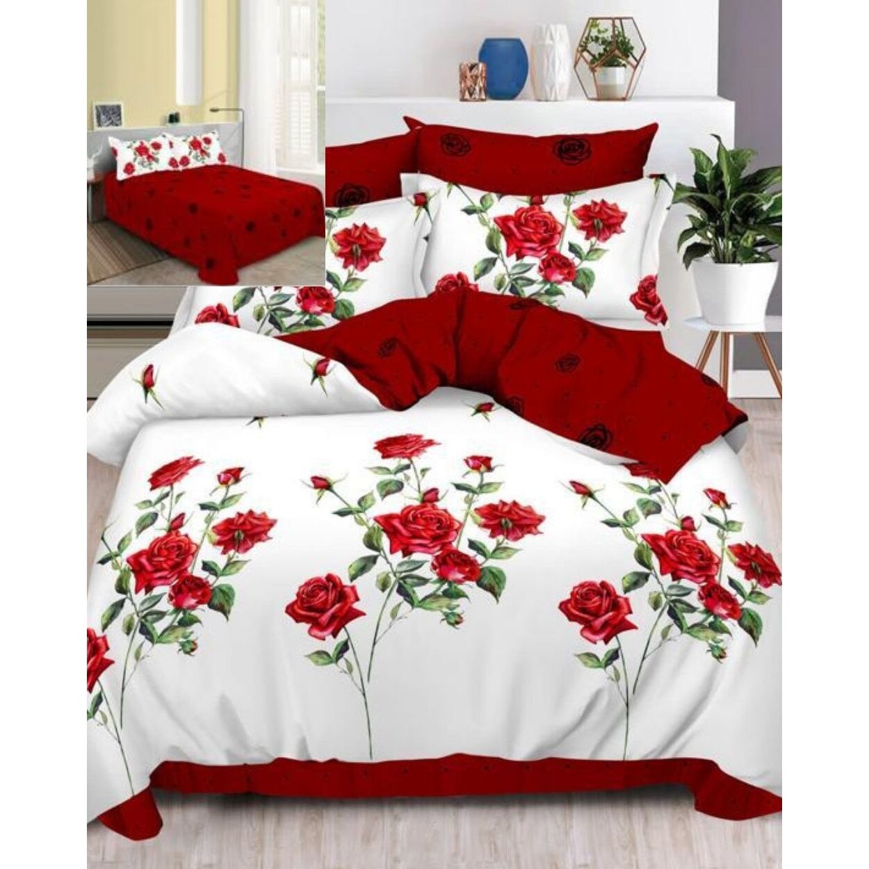 Set Lenjerie de Pat din Finet, 6 Piese, Pat 2 Persoane, Red Roses, FN-526