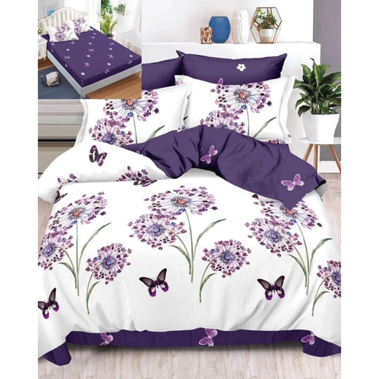 Set Lenjerie Finet, Cearceaf de Pat cu Elastic, 6 Piese, Pat 2 Persoane, Flori Violet, FNE-139