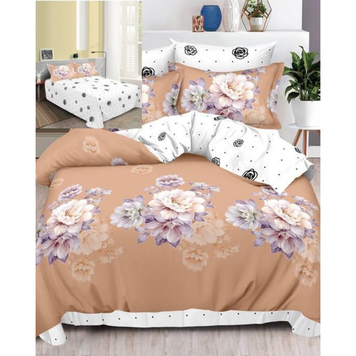 Set Lenjerie de Pat din Finet, 6 Piese, Pat 2 Persoane, White Roses, FN-528