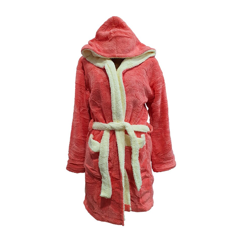 Halat baie, dama, model pink powder, roz prafuit/alb, buzunar, cocolino, gluga, XL