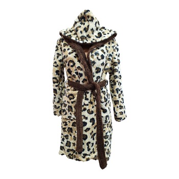 Halat baie, dama, model animal print 01, bej/maro, buzunare, cocolino, gluga, S-M Halat baie, dama, model animal print 01, bej/maro, buzunare, cocolino, gluga, S-M