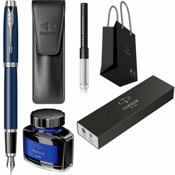 Set Parker Stilou IM Royal Matte Blue CT Personalizat prin Gravura Laser cu convertor, calimara cerneala, etui Leather Black si punga Set Parker Stilou IM Royal Matte Blue CT Personalizat prin Gravura Laser cu convertor, calimara cerneala, etui Leather Black si punga