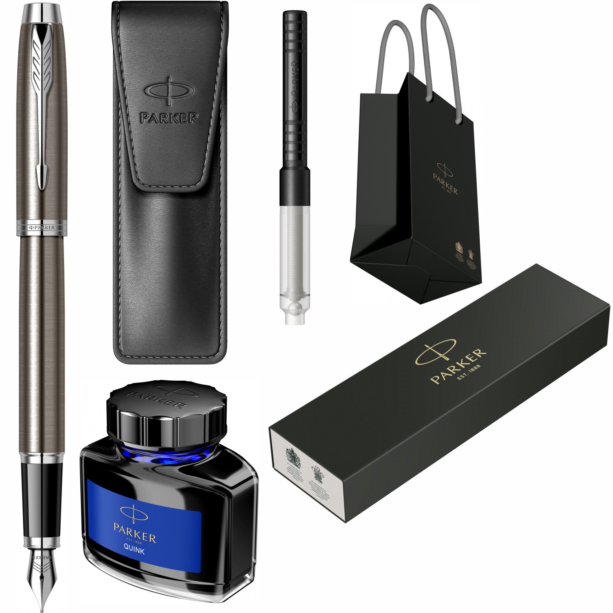 Set Parker Stilou IM Royal Dark Espresso CT Personalizat prin Gravura Laser cu convertor, calimara cerneala, etui Leather Black si punga