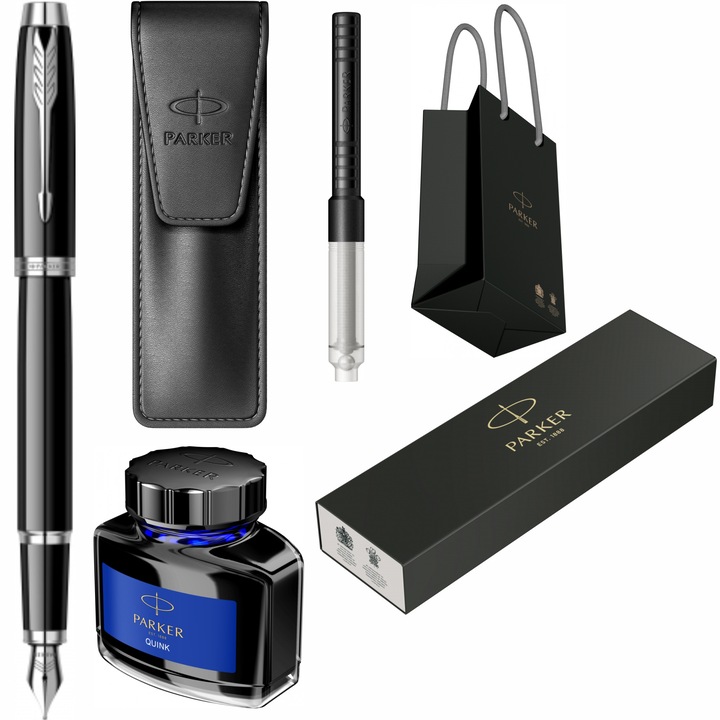 Set Parker Stilou IM Royal Black Lacquer CT cu gravura laser inclusa, convertor, calimara cerneala, etui Leather Black si punga