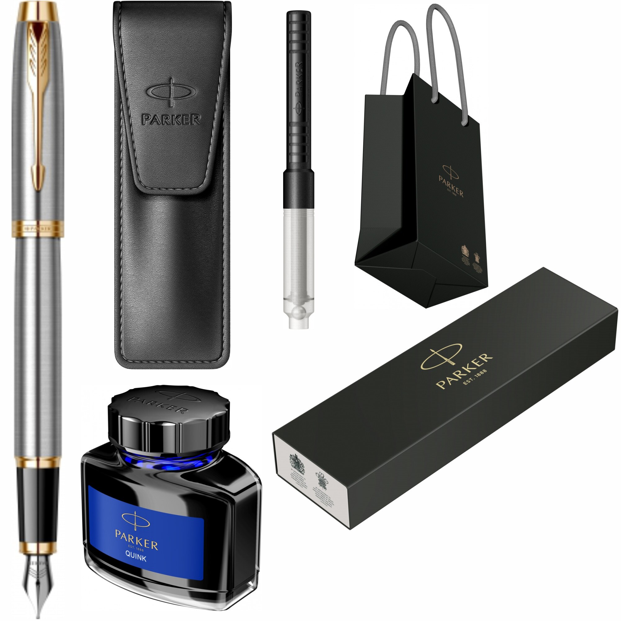 Set Parker Stilou IM Royal Brushed Metal GT Personalizat prin Gravura Laser cu convertor, calimara cerneala, etui Leather Black si punga