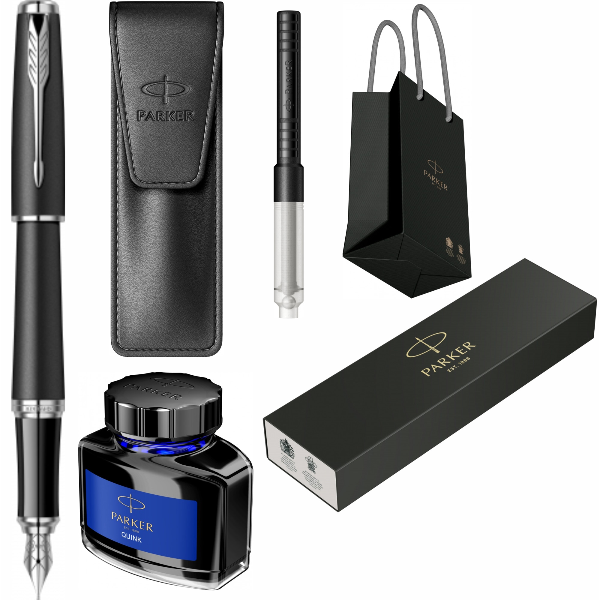 Set Parker Stilou Urban Royal Muted Black CT Personalizat prin Gravura Laser cu convertor, calimara cerneala, etui Leather Black si punga