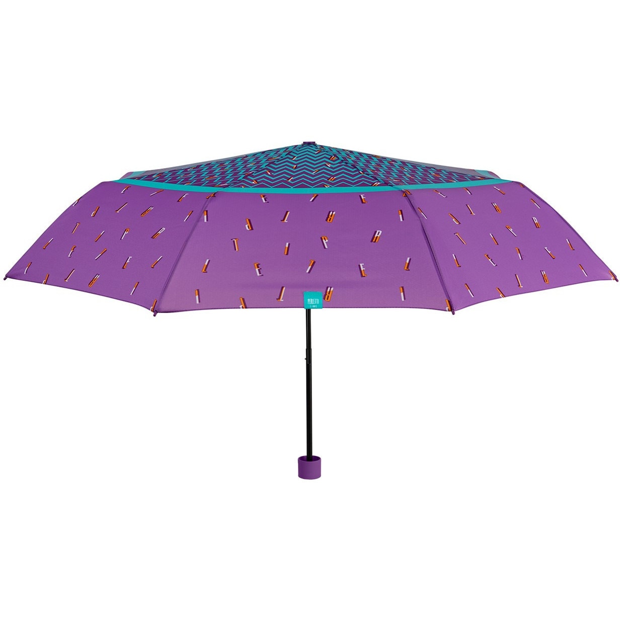 Umbrela mini Perletti, femei, pentru soare sau ploaie, rezistenta, cu imprimeu litere, 97 cm diametru, Mov