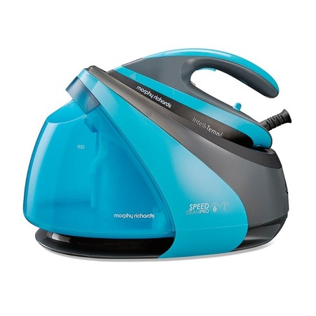 Statie de calcat Morphy Richards Power Steam Elite Intellitemp 332103, 2400W, 6 bar, 1.7l functie Intellitemp, Talpa Ceramica, 100g/min, 300g debit de abur continuu, Alb/Albastru