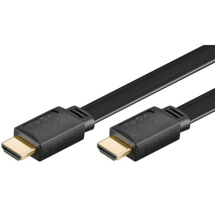 Cablu HDMI A tata la HDMI A tata, cu ethernet, 2m, contacte aurite, cablu plat, negru