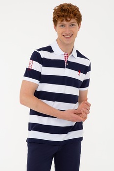 U.S. Polo Assn., Tricou polo de bumbac cu model in dungi, Bleumarin/Alb U.S. Polo Assn., Tricou polo de bumbac cu model in dungi, Bleumarin/Alb