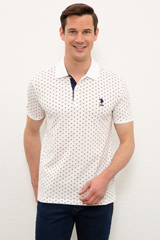 U.S. Polo Assn., Tricou polo de bumbac cu model geometric, Alb/Albastru/Galben U.S. Polo Assn., Tricou polo de bumbac cu model geometric, Alb/Albastru/Galben