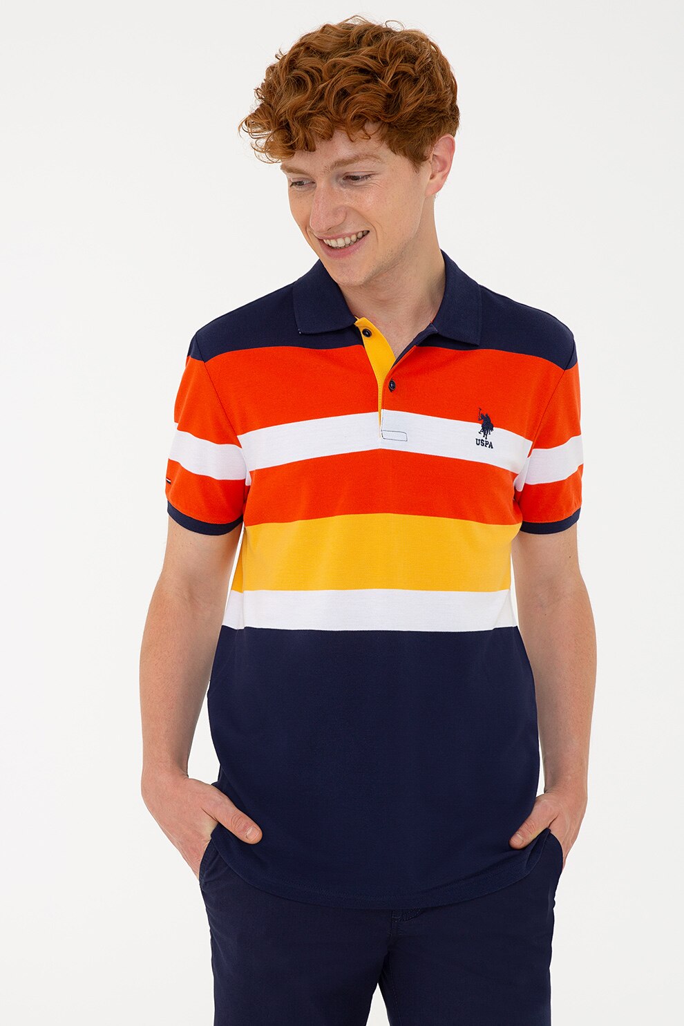 U.S. Polo Assn., Tricou polo din bumbac cu design colorblock, Bleumarin/Oranj mandarina