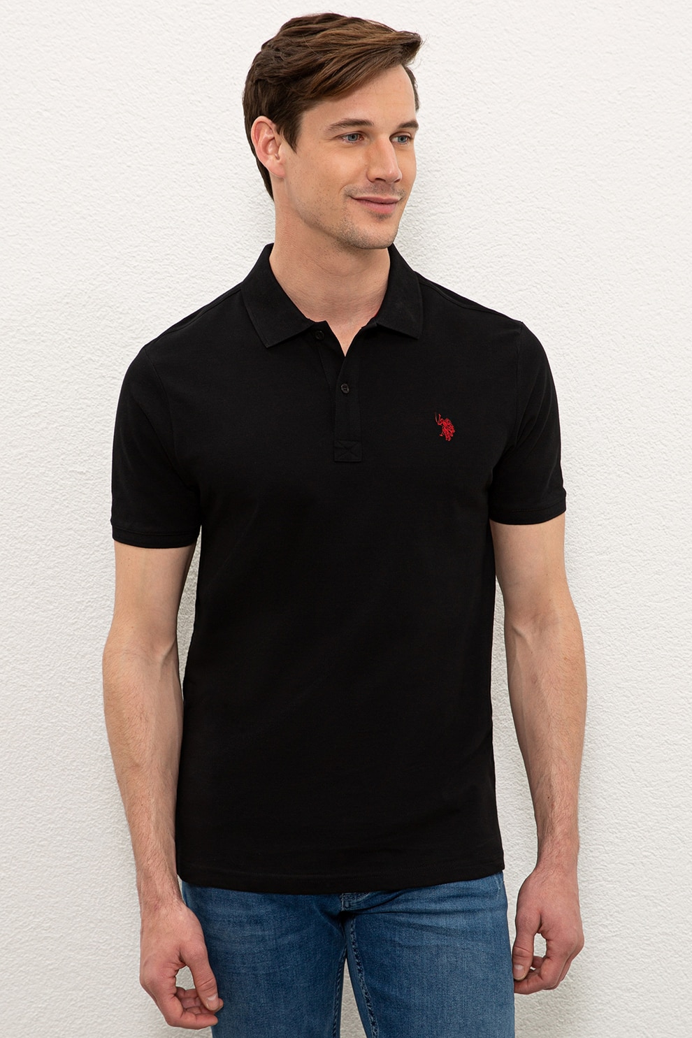 U.S. Polo Assn., Tricou polo slim fit din pique, Negru