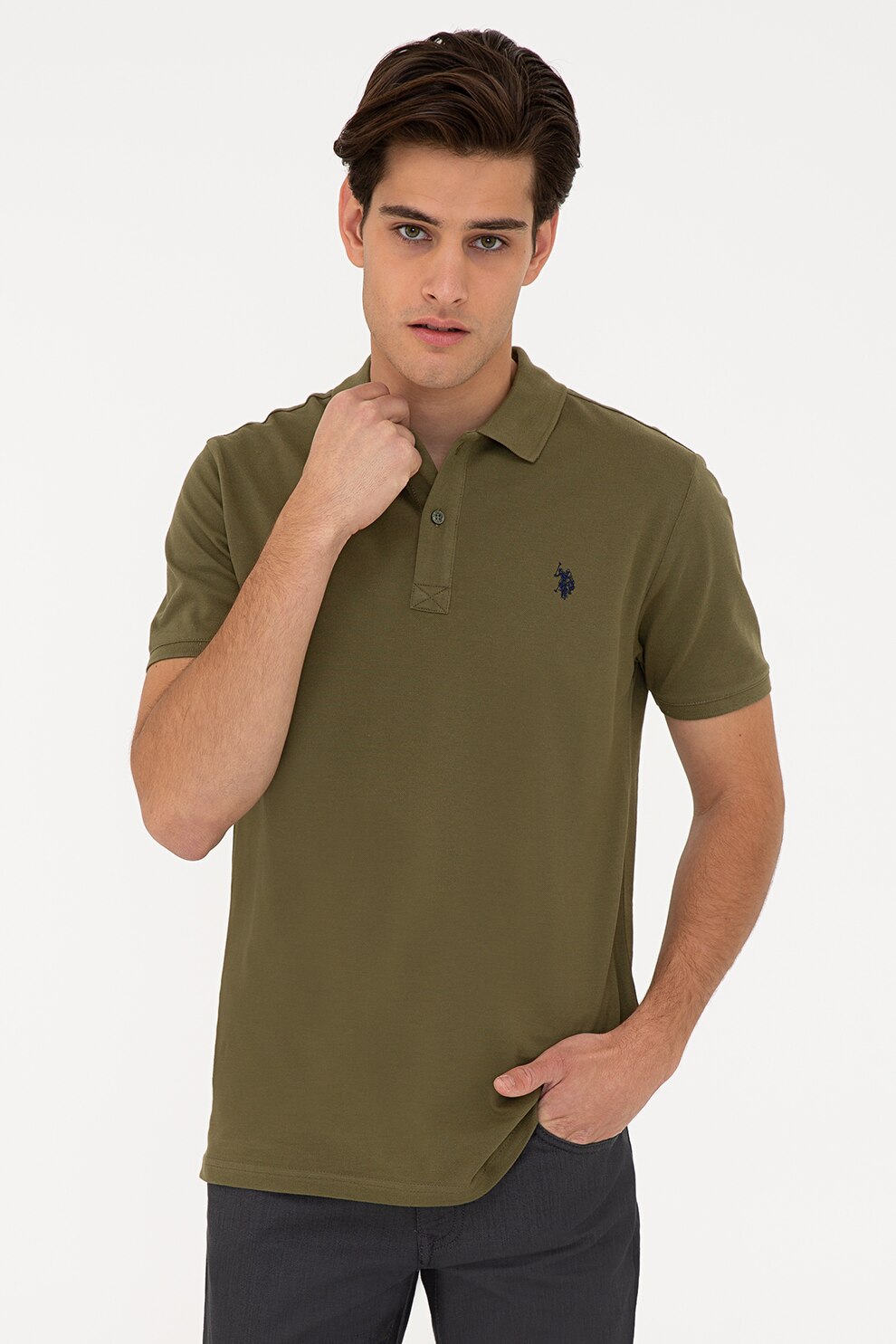 U.S. Polo Assn., Tricou polo slim fit din pique, Kaki