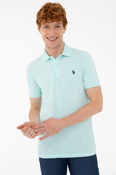 U.S. Polo Assn., Tricou polo slim fit din pique, Albastru aqua U.S. Polo Assn., Tricou polo slim fit din pique, Albastru aqua