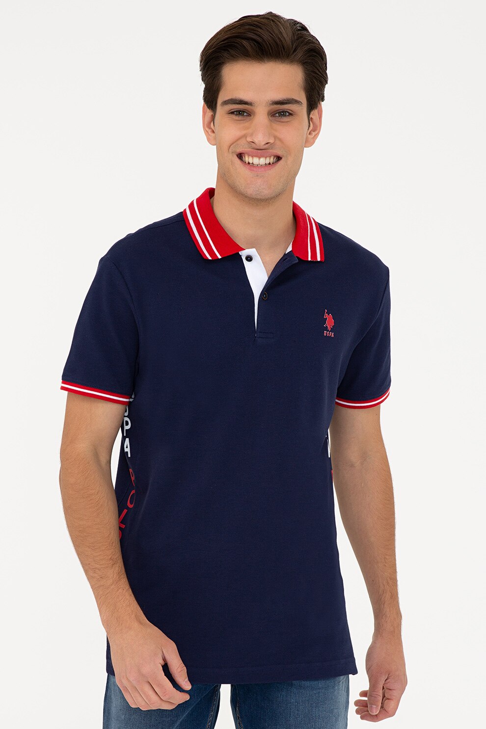 U.S. Polo Assn., Tricou polo de bumbac cu aspect contrastant, Bleumarin/Rosu