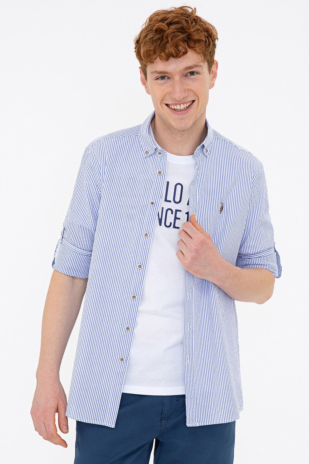 U.S. Polo Assn., Camasa in dungi cu guler fixat cu nasturi, Bleu/Alb