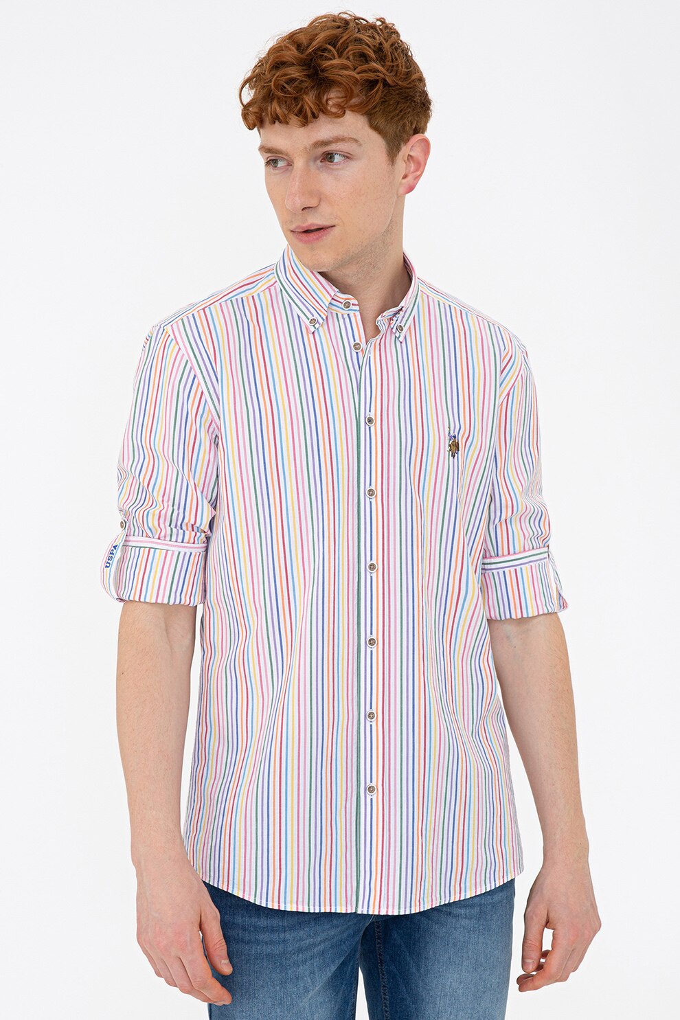 U.S. Polo Assn., Camasa in dungi cu guler fixat cu nasturi, Multicolora, M