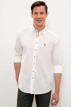 U.S. Polo Assn., Camasa din amestec de in, Alb U.S. Polo Assn., Camasa din amestec de in, Alb