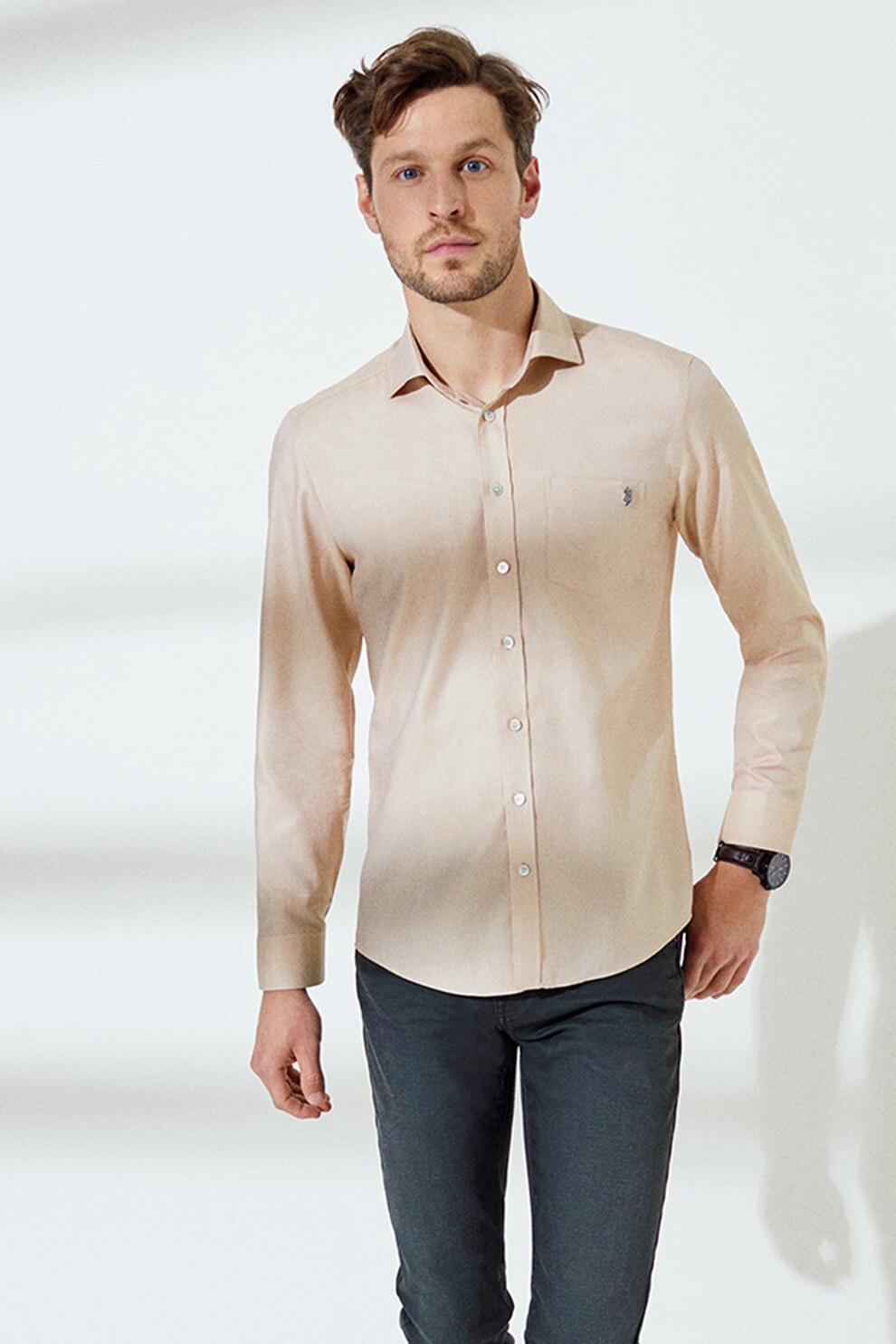 U.S. Polo Assn., Camasa de in cu buzunar pe piept, Bej
