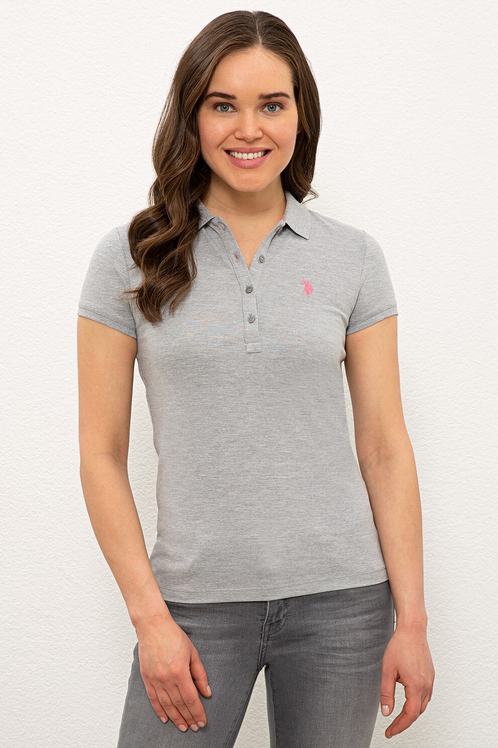 U.S. Polo Assn., Tricou polo din amestec de bumbac cu broderie logo, Gri melange