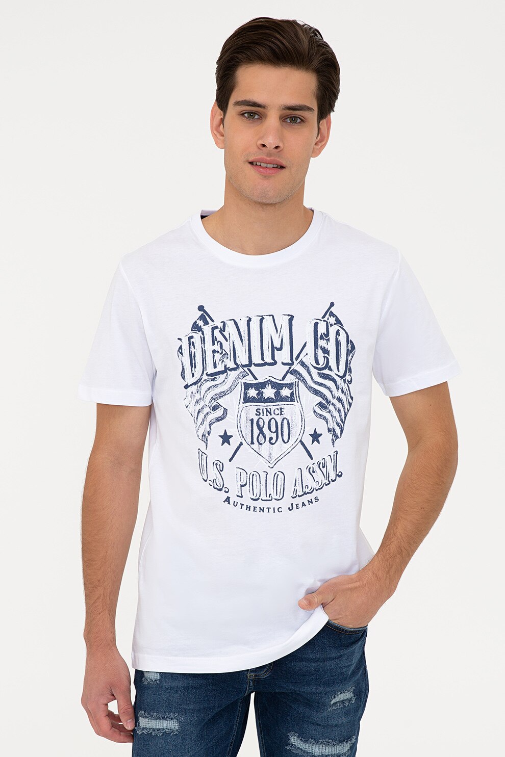 U.S. Polo Assn., Tricou cu decolteu la baza gatului si imprimeu grafic, Alb/Bleumarin