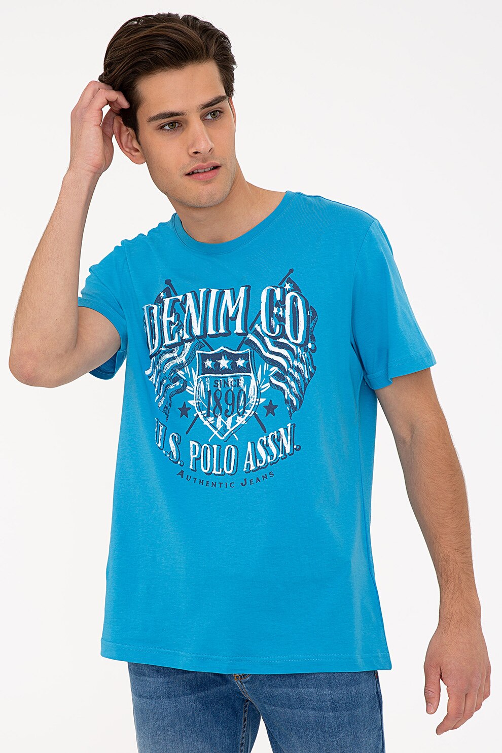 U.S. Polo Assn., Tricou cu decolteu la baza gatului si imprimeu grafic, Albastru