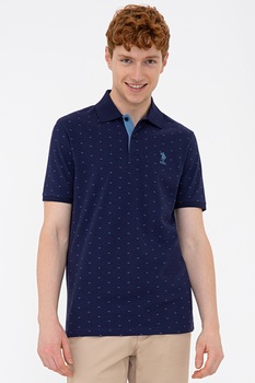 U.S. Polo Assn., Tricou polo slim fit cu model, Bleumarin U.S. Polo Assn., Tricou polo slim fit cu model, Bleumarin