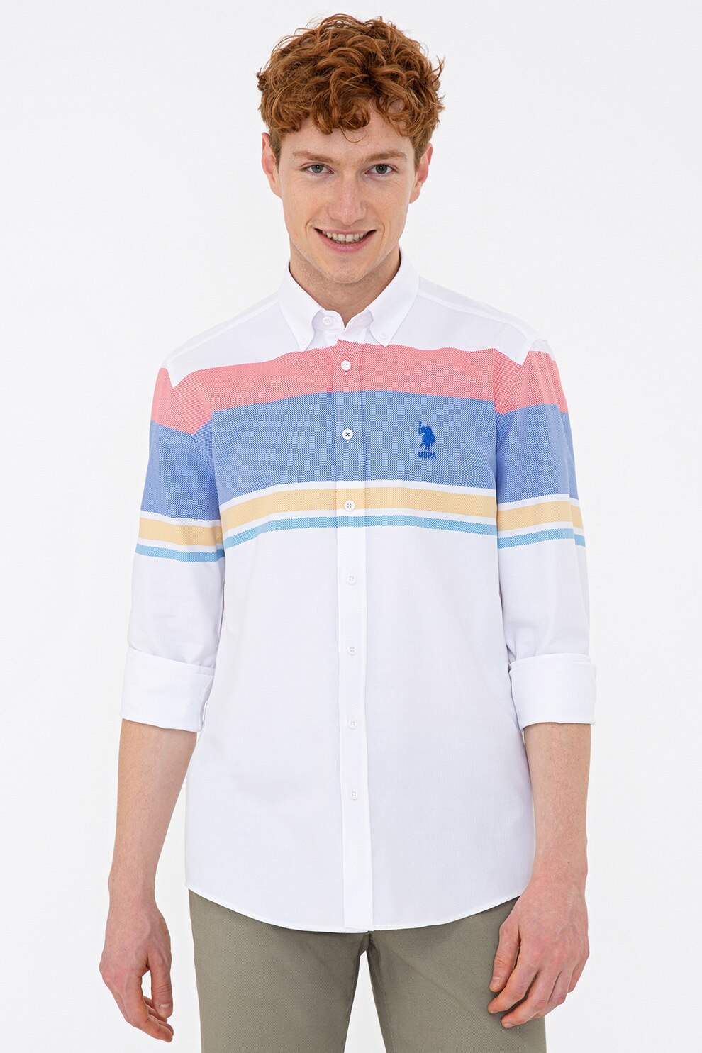 U.S. Polo Assn., Camasa in dungi, cu maneci lungi, Alb/Albastru/Rosu stins