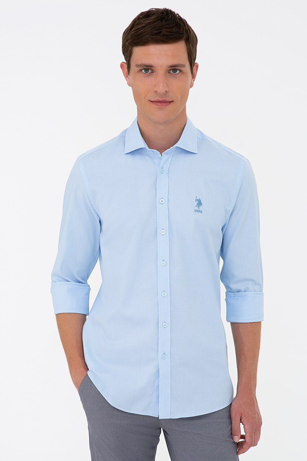 U.S. Polo Assn., Camasa de bumbac cu logo brodat, Albastru deschis