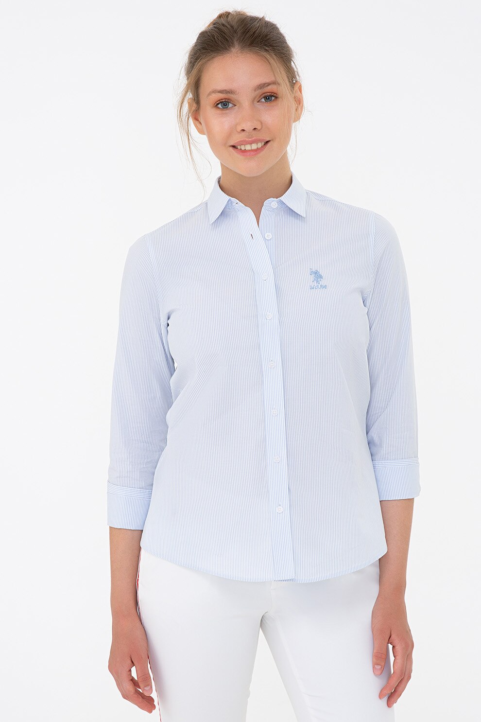 U.S. Polo Assn., Camasa de bumbac cu maneci trei sferturi, Albastru deschis, 2XL