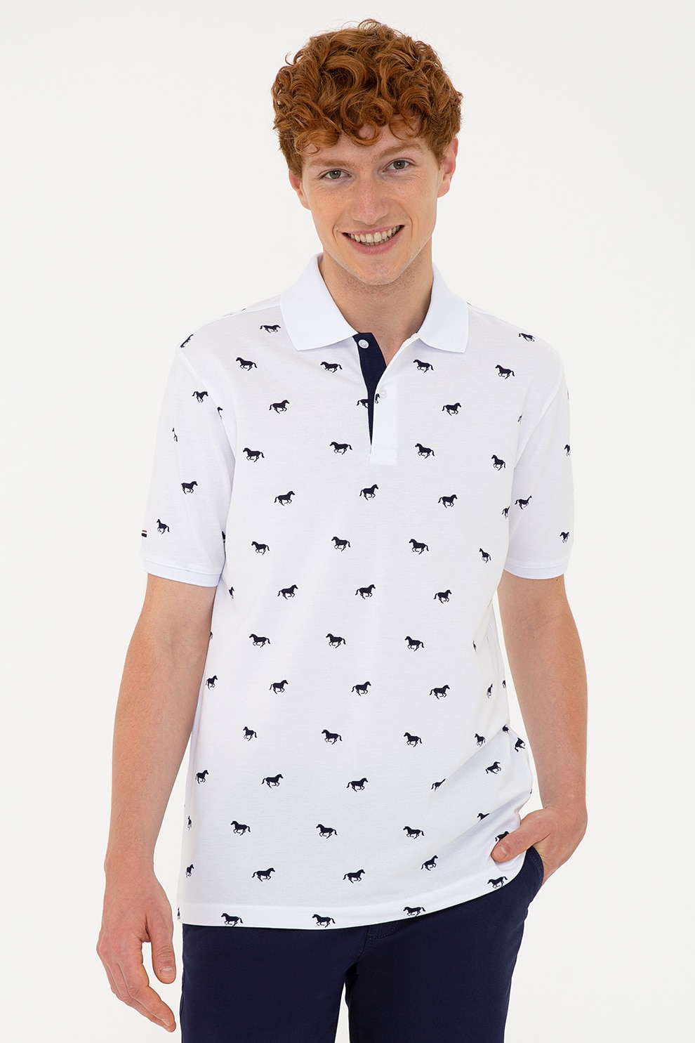 U.S. Polo Assn., Tricou polo cu imprimeu grafic, Alb/Bleumarin