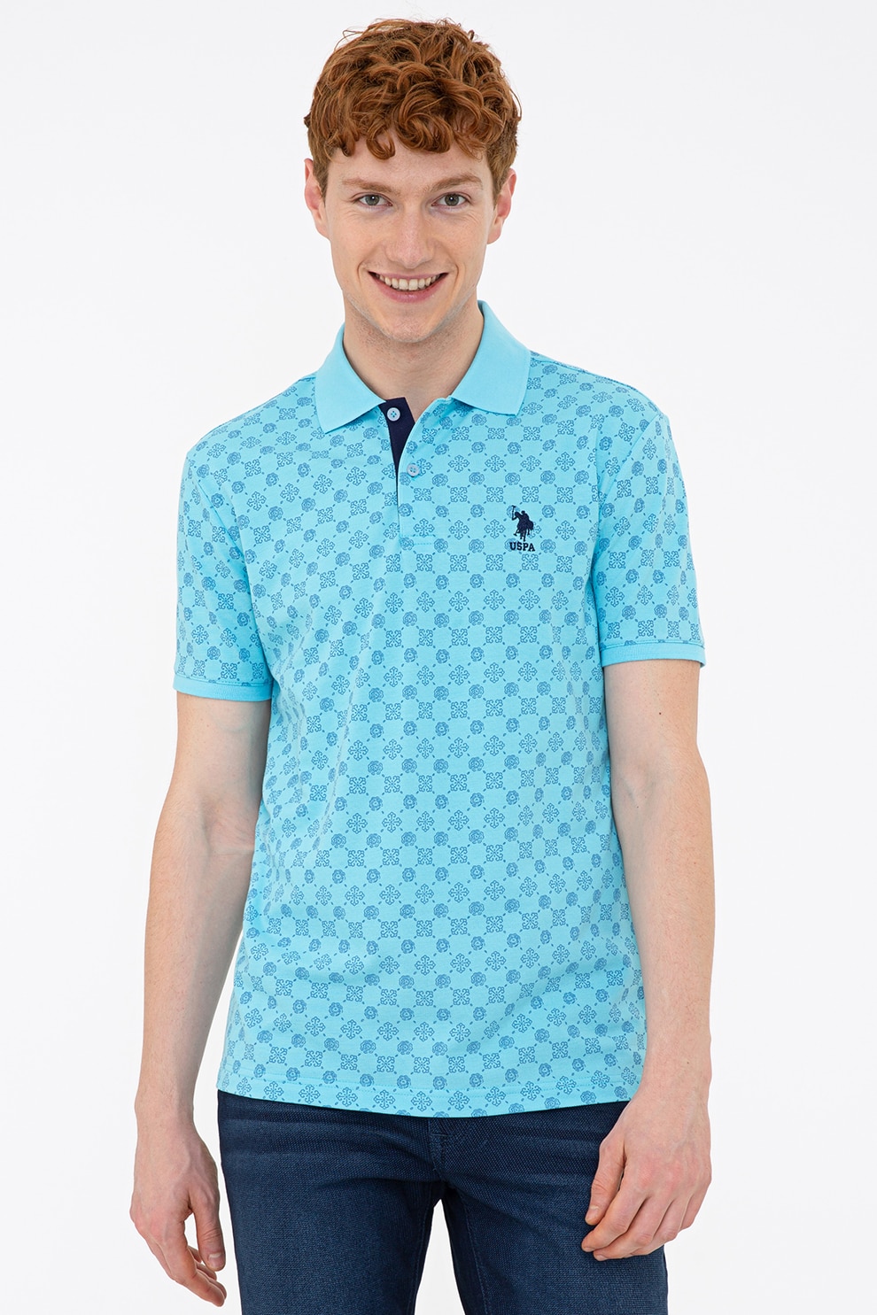 U.S. Polo Assn., Tricou polo cu imprimeu grafic, Turcoaz