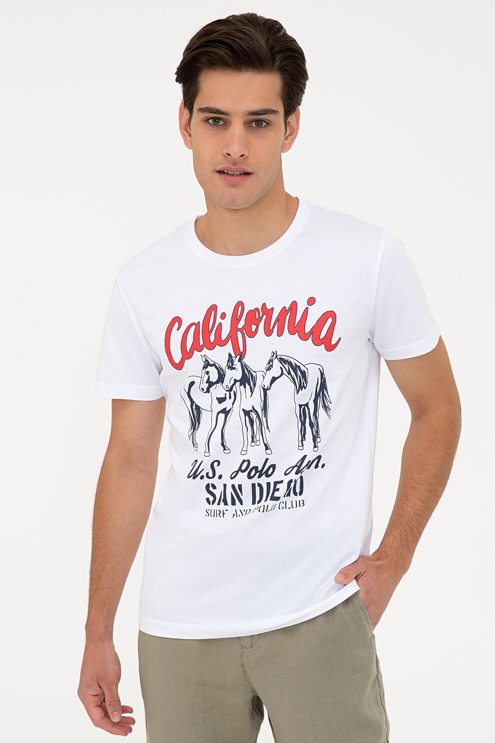 U.S. Polo Assn., Tricou cu decolteu la baza gatului si imprimeu grafic, Alb/Rosu